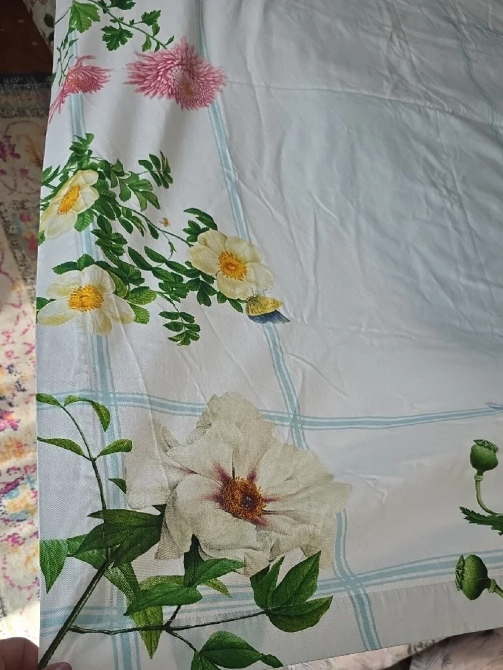 Williams-Sonoma Cotton Tablecloth with Green and Blue Floral Details
